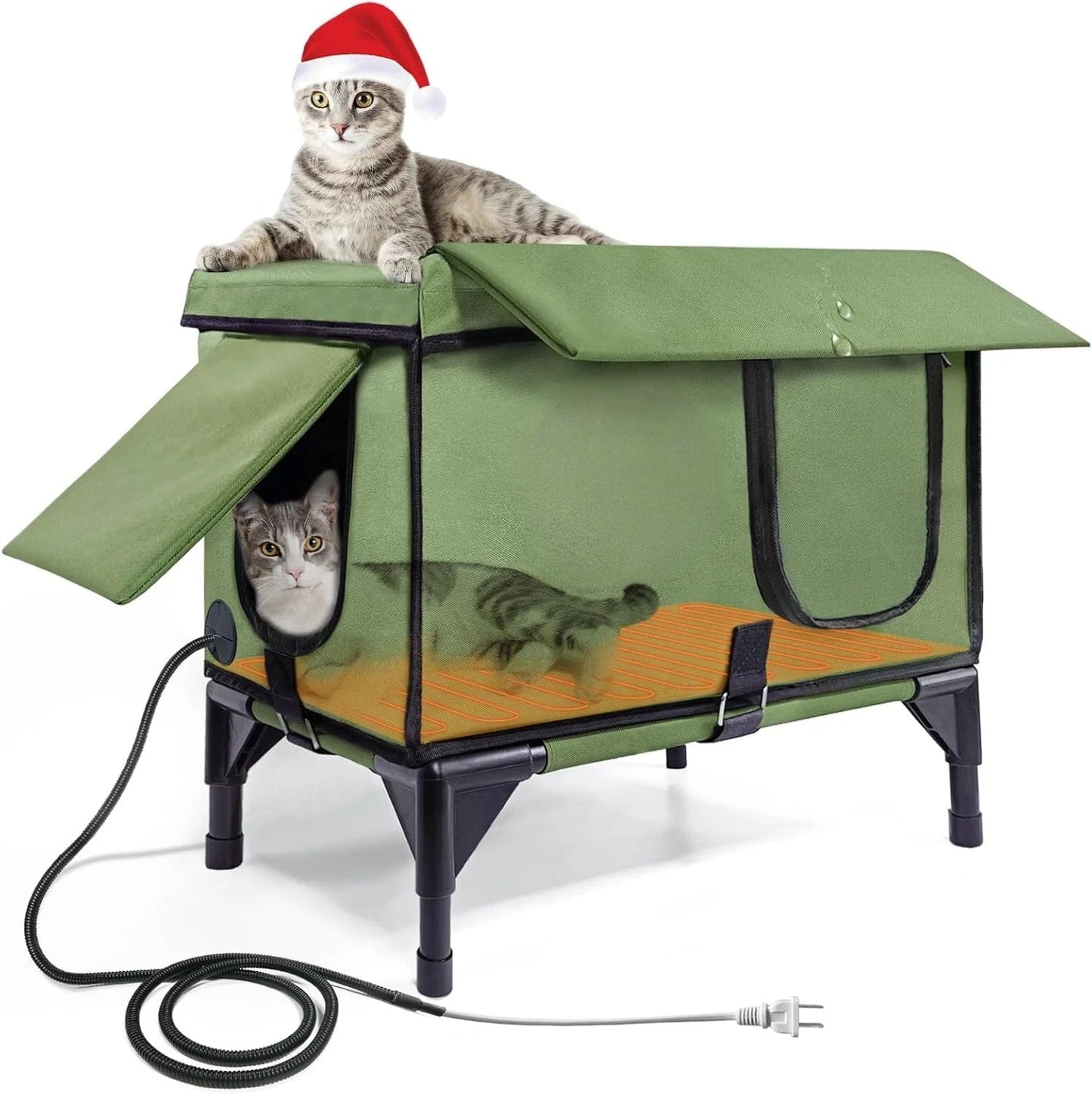 Outdoor Heated Cat House for Winter – Waterproof Shelter with Rainproof Eaves, Built-In Heating Pad & Dual Escape Doors – Ideal for Feral & Stray Cats
