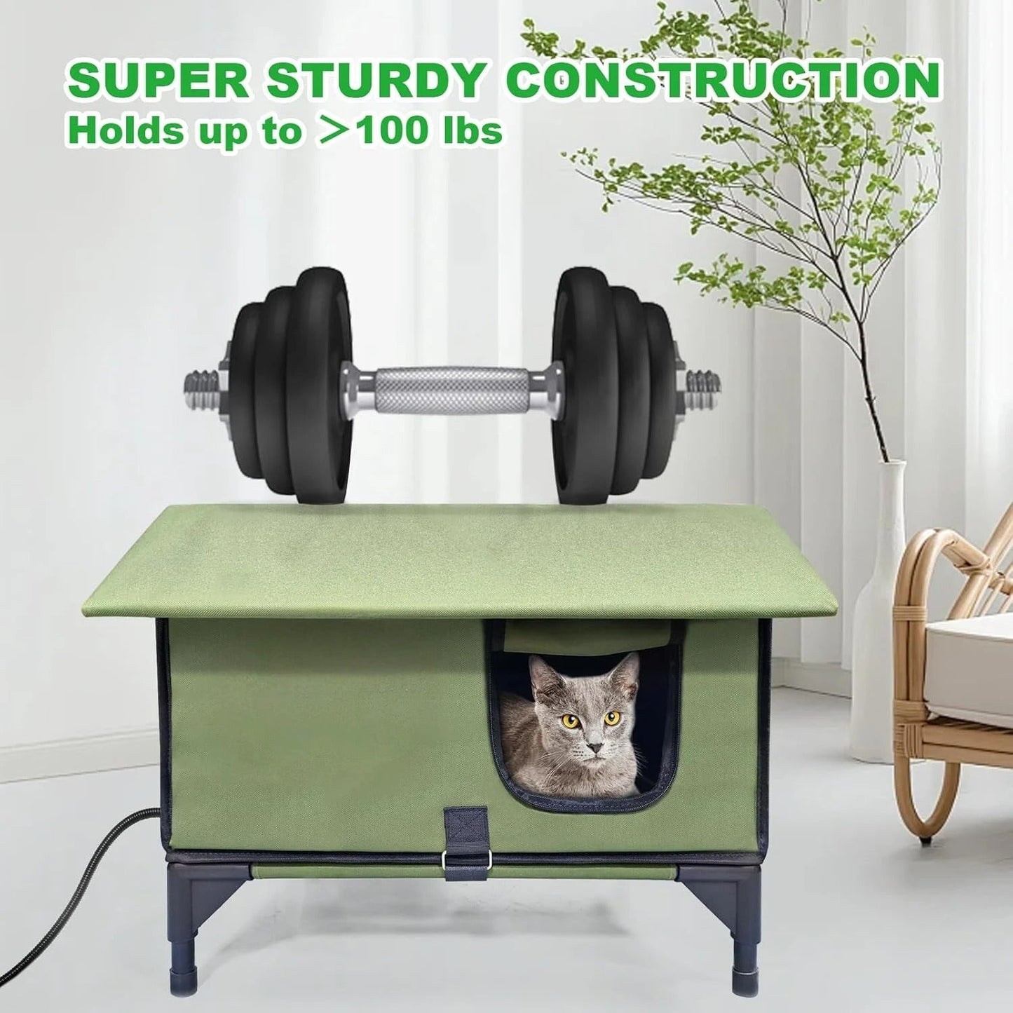 Outdoor Heated Cat House for Winter – Waterproof Shelter with Rainproof Eaves, Built-In Heating Pad & Dual Escape Doors – Ideal for Feral & Stray Cats