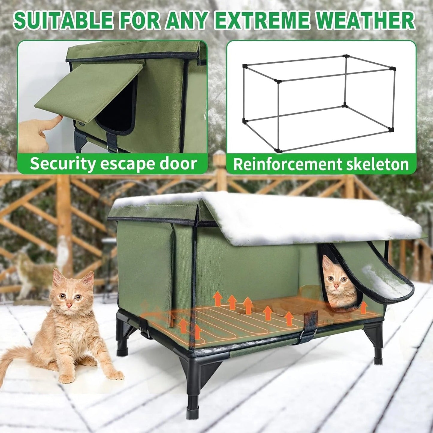 Outdoor Heated Cat House for Winter – Waterproof Shelter with Rainproof Eaves, Built-In Heating Pad & Dual Escape Doors – Ideal for Feral & Stray Cats