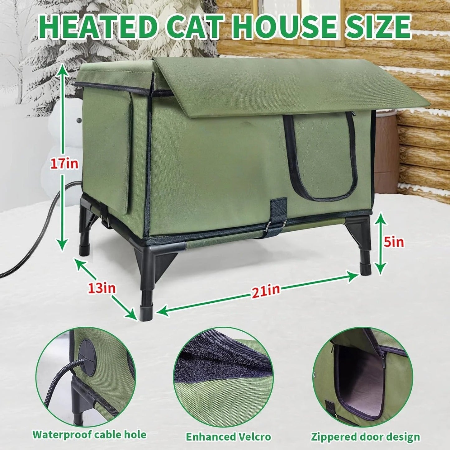 Outdoor Heated Cat House for Winter – Waterproof Shelter with Rainproof Eaves, Built-In Heating Pad & Dual Escape Doors – Ideal for Feral & Stray Cats