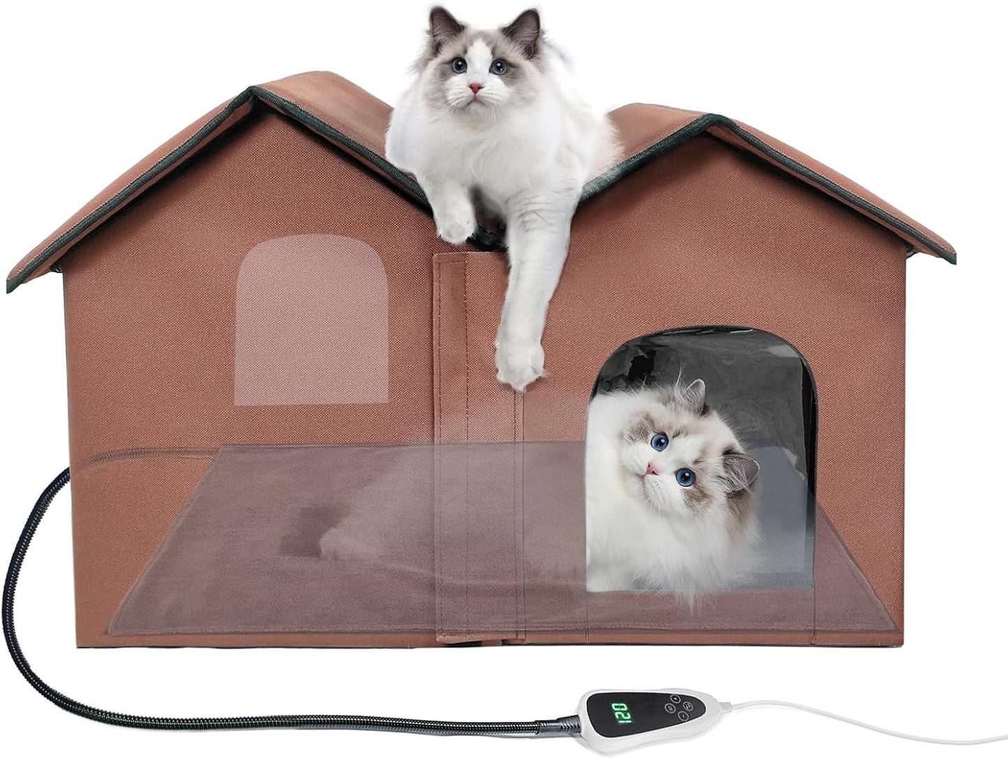 Large Heated Cat House – All-Season Indoor/Outdoor Shelter with Smart Thermostat, Dual Rooms, Removable Heating Pad & Foldable Design