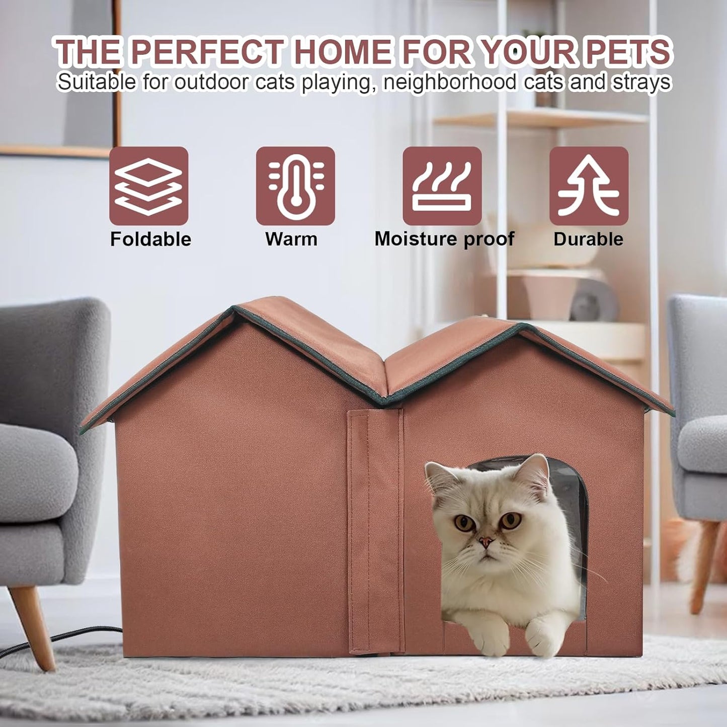 Large Heated Cat House – All-Season Indoor/Outdoor Shelter with Smart Thermostat, Dual Rooms, Removable Heating Pad & Foldable Design