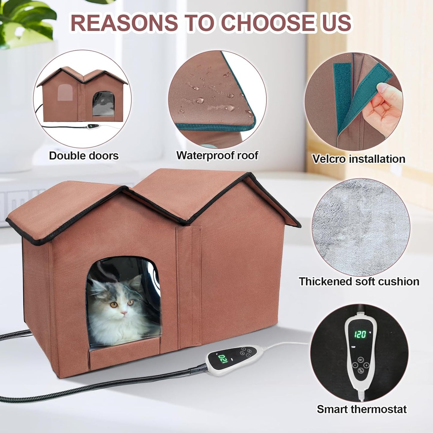 Large Heated Cat House – All-Season Indoor/Outdoor Shelter with Smart Thermostat, Dual Rooms, Removable Heating Pad & Foldable Design