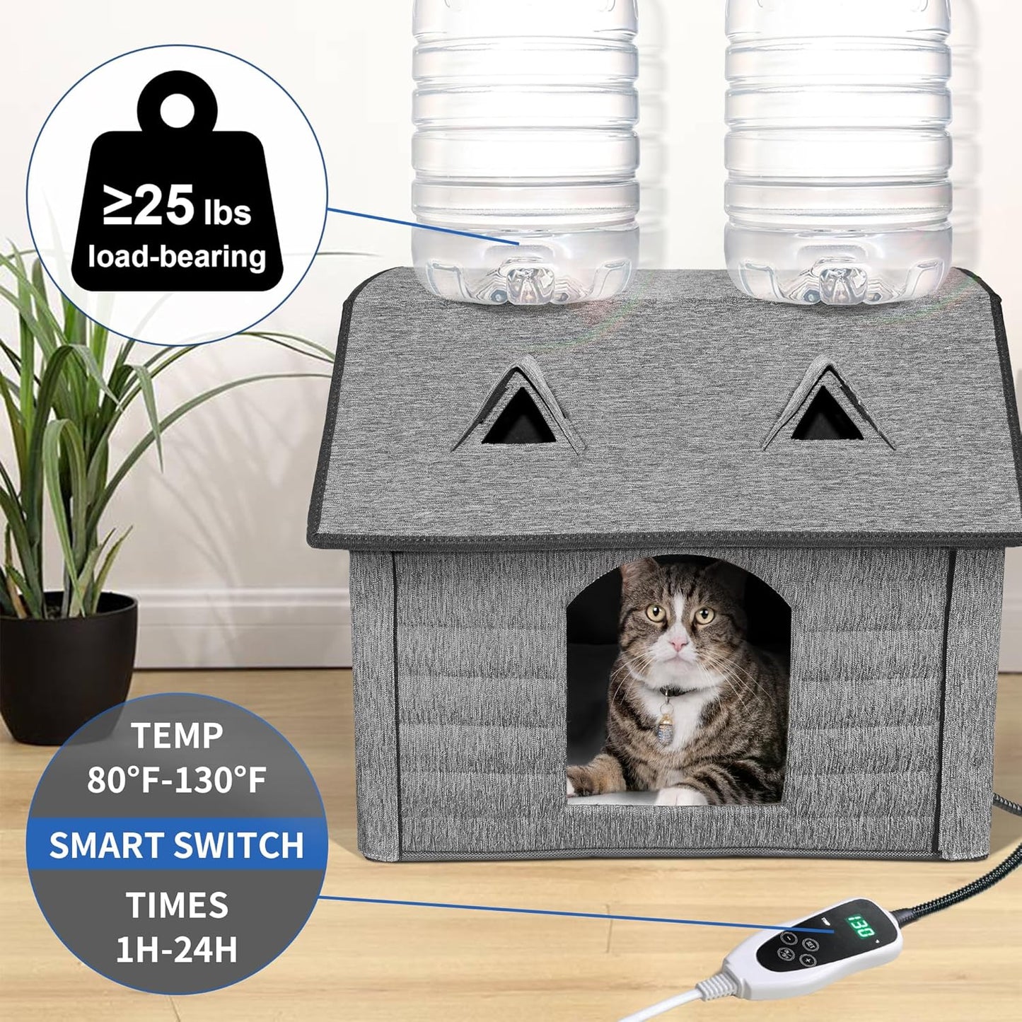 Heated Cat House for Indoor & Outdoor Use – Foldable Bed with Smart Thermostat, Waterproof Design & Cozy Windows – Includes Heating Pads for Cats & Puppies