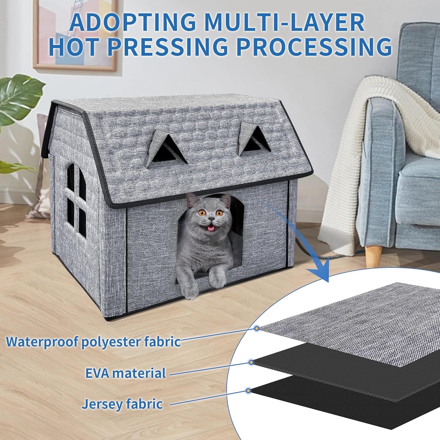 Heated Cat House for Indoor & Outdoor Use – Foldable Bed with Smart Thermostat, Waterproof Design & Cozy Windows – Includes Heating Pads for Cats & Puppies