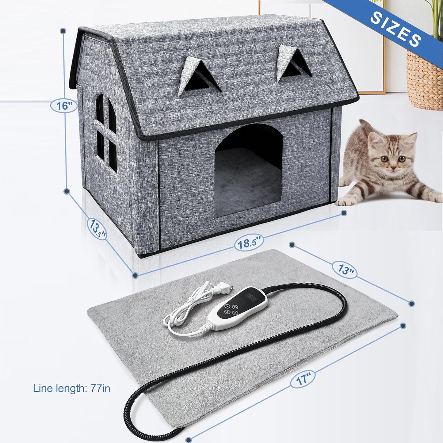 Heated Cat House for Indoor & Outdoor Use – Foldable Bed with Smart Thermostat, Waterproof Design & Cozy Windows – Includes Heating Pads for Cats & Puppies