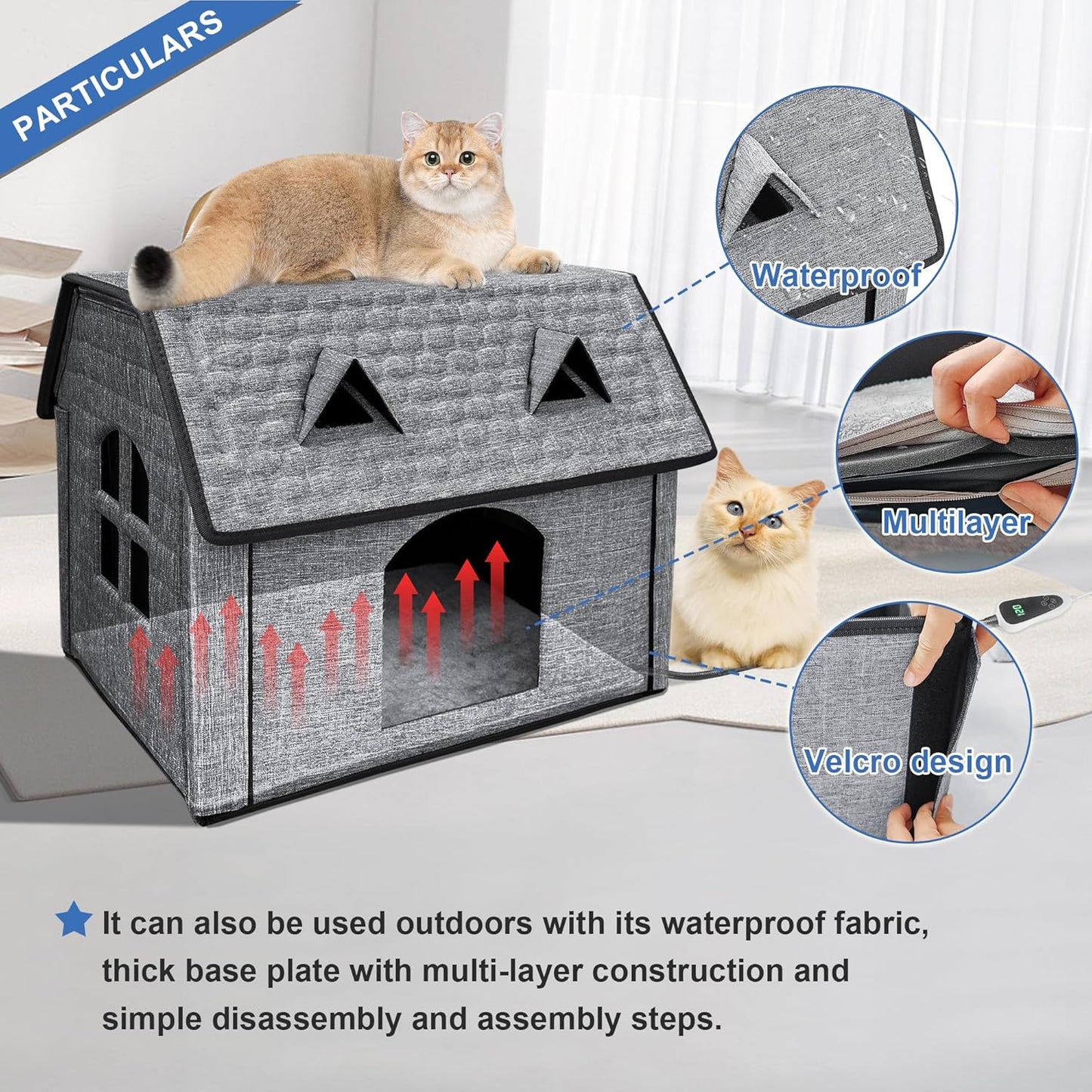 Heated Cat House for Indoor & Outdoor Use – Foldable Bed with Smart Thermostat, Waterproof Design & Cozy Windows – Includes Heating Pads for Cats & Puppies