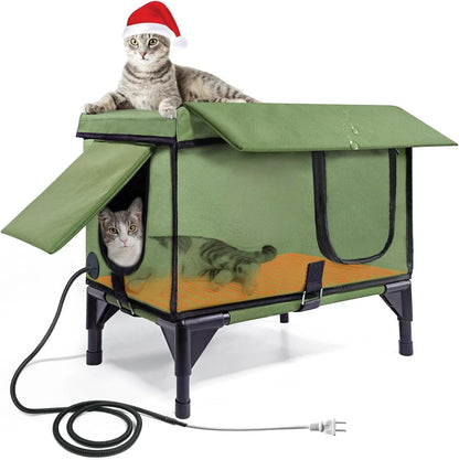 Outdoor Heated Cat House for Winter – Waterproof Shelter with Rainproof Eaves, Built-In Heating Pad & Dual Escape Doors – Ideal for Feral & Stray Cats