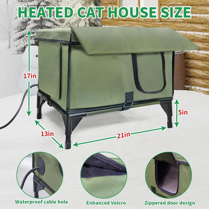 Outdoor Heated Cat House for Winter – Waterproof Shelter with Rainproof Eaves, Built-In Heating Pad & Dual Escape Doors – Ideal for Feral & Stray Cats
