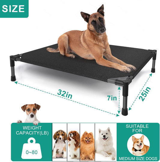 Medium Elevated Dog Bed (32x25x8in) – Raised Outdoor Pet Cot with Waterproof Frame, Breathable Mesh & Non-Slip Feet – Supports Up to 80 lbs – Black