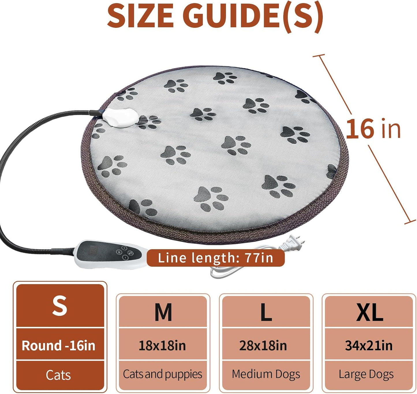 16-inch Heated Cat Bed – Waterproof, Smart Thermostat, Adjustable Heat, Anti-Slip Rope & Cute Paw Design