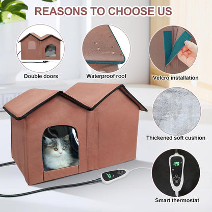 Large Heated Cat House – All-Season Indoor/Outdoor Shelter with Smart Thermostat, Dual Rooms, Removable Heating Pad & Foldable Design