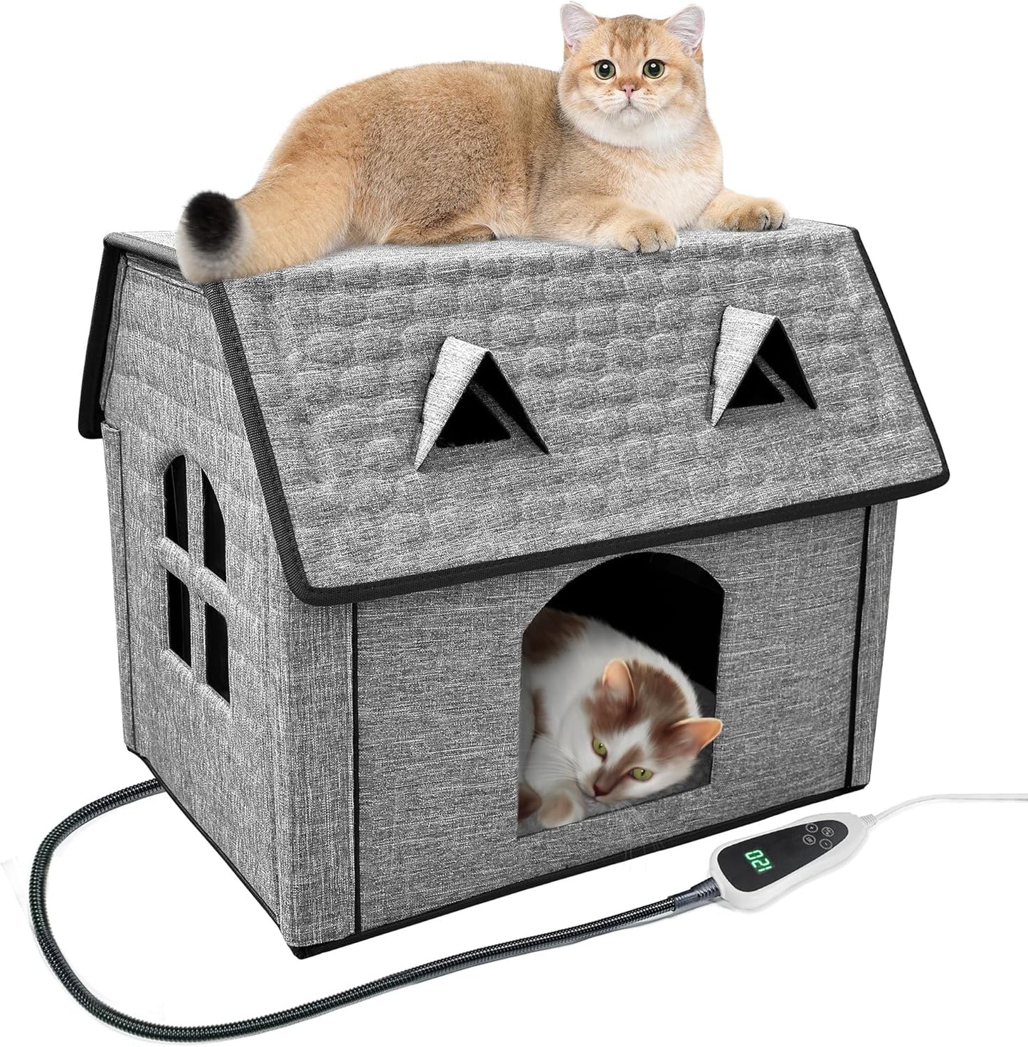 Heated Cat House for Indoor & Outdoor Use – Foldable Bed with Smart Thermostat, Waterproof Design & Cozy Windows – Includes Heating Pads for Cats & Puppies