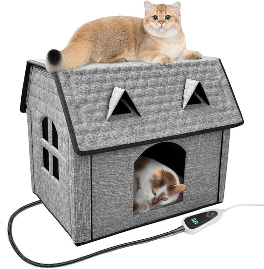 Heated Cat House for Indoor & Outdoor Use – Foldable Bed with Smart Thermostat, Waterproof Design & Cozy Windows – Includes Heating Pads for Cats & Puppies