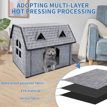 Heated Cat House for Indoor & Outdoor Use – Foldable Bed with Smart Thermostat, Waterproof Design & Cozy Windows – Includes Heating Pads for Cats & Puppies