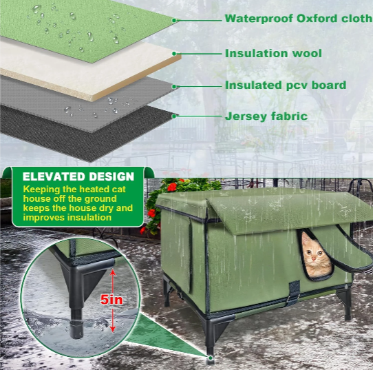 Outdoor Heated Cat House for Winter – Waterproof Shelter with Rainproof Eaves, Built-In Heating Pad & Dual Escape Doors – Ideal for Feral & Stray Cats