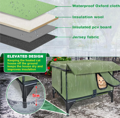Outdoor Heated Cat House for Winter – Waterproof Shelter with Rainproof Eaves, Built-In Heating Pad & Dual Escape Doors – Ideal for Feral & Stray Cats